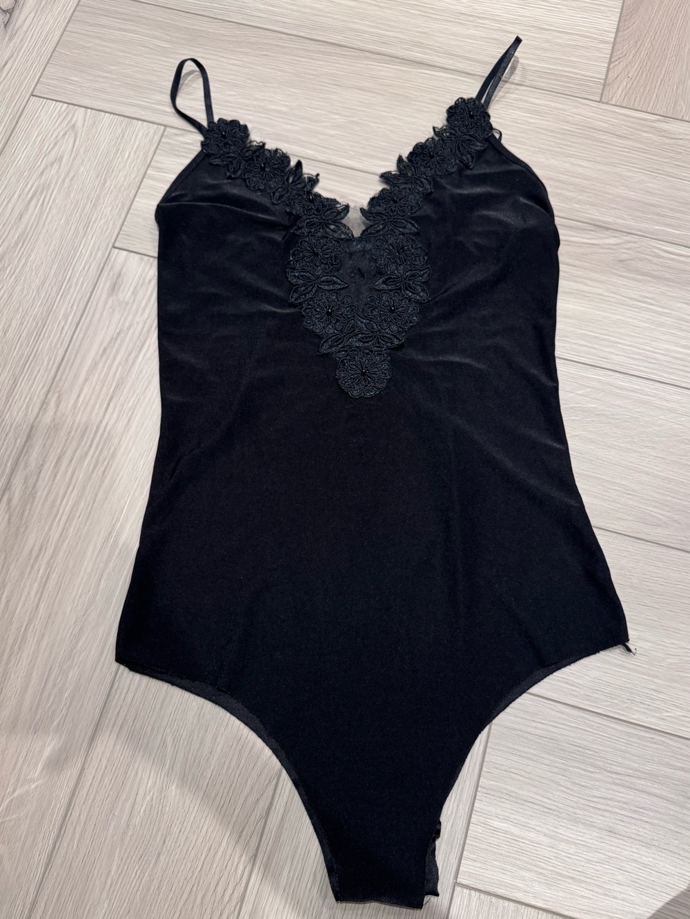 Black Lace V-Neck Bodysuit with Floral Appliqué